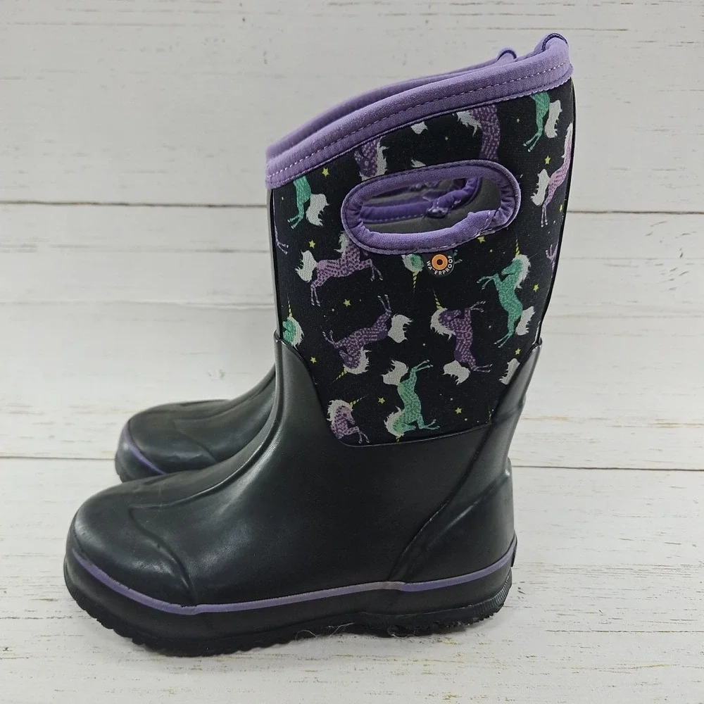 Bogs Girls Size 2 Black‎ Purple Unicorn Insulated Waterproof Winter Boots 72329